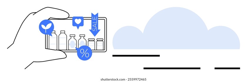 Hand holding a smartphone displaying bottles beside a cloud. Ideal for online shopping, social media, retail, marketing, product promotion. Black, white, blue, minimalist style