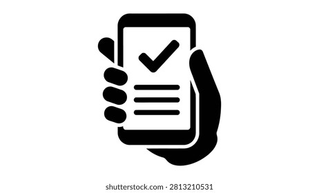 Hand holding smartphone displaying checklist document with a checkmark icon
