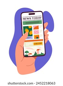 A hand holding a smartphone displaying a colorful news app interface, modern flat style, on an abstract purple and white background, concept of staying informed. Vector illustration