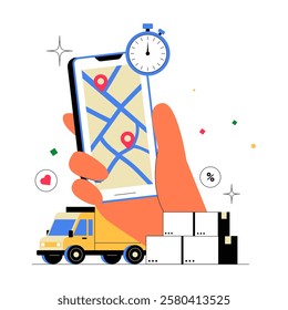 Hand Holding A Smartphone Displaying A Delivery Route Map With A Truck And Stopwatch In Flat Vector Illustration Symbolizing Logistics, Shipment Tracking, And E Commerce, Isolated On White