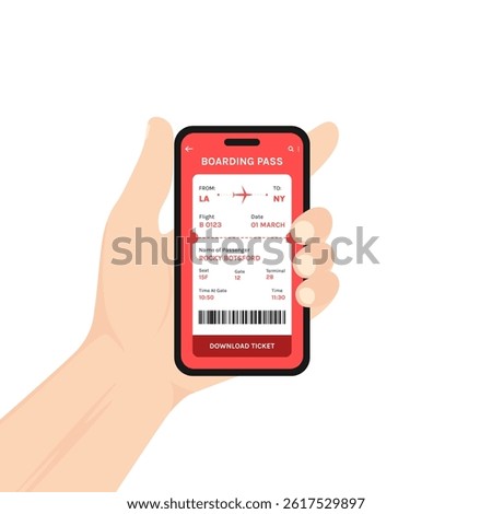 Hand holding smartphone displaying a digital boarding pass for airline ticket online booking vector illustration