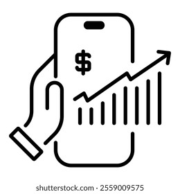 A hand holding a smartphone displaying a dollar sign alongside a rising line chart round line vector icon with editable stroke