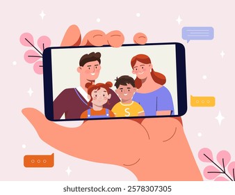 Hand holding a smartphone displaying a family portrait with parents and children, set on a decorative background with chat bubbles and floral elements. Vector illustration