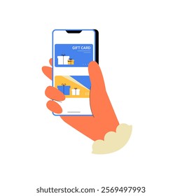 Hand Holding Smartphone Displaying Gift Cards In Flat Vector Illustration Symbolizing Online Gifting, Digital Shopping, And Convenience, Isolated On White Background