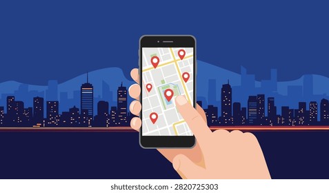 Hand holding a smartphone displaying a map with multiple red pins in a city at night for navigation and mobile location tracking services.