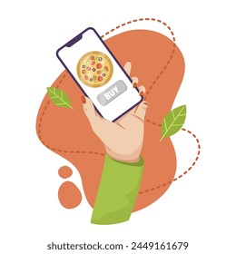 A hand holding a smartphone displaying a pizza with a Buy button, vector illustration on a vibrant orange background, concept of online food ordering. Vector illustration