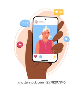 Hand holding smartphone displaying a profilewith likes and comments icons on pastel background. Concept of social media interaction. Vector illustration