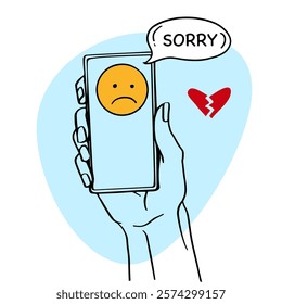 hand holding a smartphone displaying a sad yellow emoji with a speech bubble saying "SORRY" and a broken red heart nearby, symbolizing apology and heartbreak