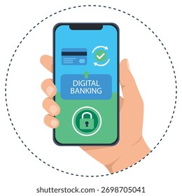Eine Hand, die ein Smartphone hält, das eine sichere Transaktion mit Kreditkarte und einem Schlosssymbol anzeigt, die digitale Bankgeschäfte und Online-Zahlungen darstellt