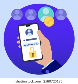 Hand holding smartphone displaying user profile selection and password entry for secure login, ensuring online safety and access control