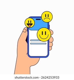 hand holding a smartphone displaying various expressive emojis cartoon vector hand drawn illustration for digital communication, social media reactions, and modern emotional