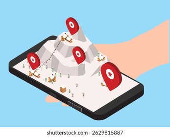 mão segurando um smartphone exibindo uma paisagem de montanha de inverno com várias cabines marcadas por pinos de localização vermelha ilustração vetor 3d isométrica