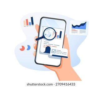 Mano sosteniendo smartphone muestra visualizaciones de datos, incluyendo histograma y gráfico circular. Vector, análisis, transformación digital y uso creciente de la tecnología móvil en los negocios. Ilustración