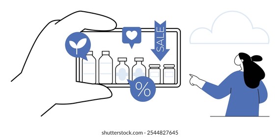 A hand holding a smartphone displays various bottled products with sale icons above them while a person is pointing towards the screen. Ideal for online shopping, e-commerce, digital marketing, sale