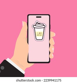 Hand holding smartphone with disposable coffee cup on the screen. Order food and drink concept. Flat vector illustration.