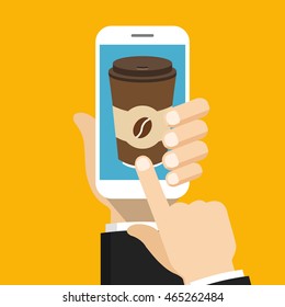 Hand holding smartphone with disposable coffee cup on the screen. Order food and drink concept. Flat vector illustration.