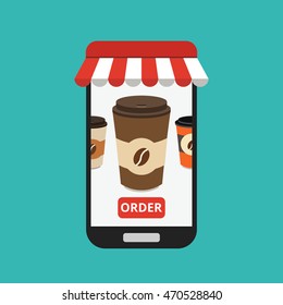 Hand holding smartphone with disposable coffee cup on the screen. Order food and drink concept. Flat vector illustration.