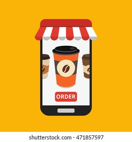 Hand holding smartphone with disposable coffee cup on the screen. Order food and drink concept. Flat vector illustration.