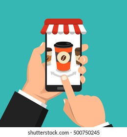 Hand holding smartphone with disposable coffee cup on the screen. Order food and drink concept. Flat vector illustration.