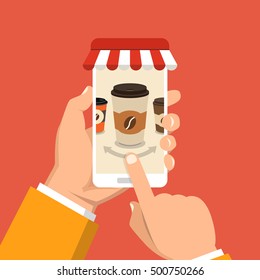 Hand holding smartphone with disposable coffee cup on the screen. Order food and drink concept. Flat vector illustration.