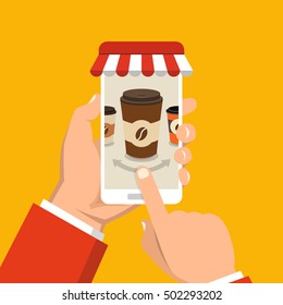 Hand holding smartphone with disposable coffee cup on the screen. Order food and drink concept. Flat vector illustration.