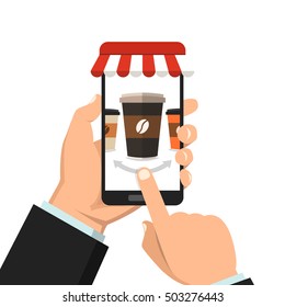 Hand holding smartphone with disposable coffee cup on the screen. Order food and drink concept. Flat vector illustration.