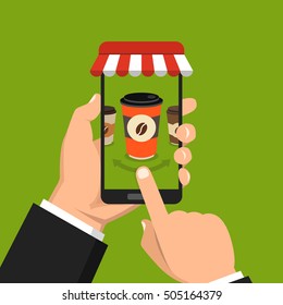 Hand holding smartphone with disposable coffee cup on the screen. Order food and drink concept. Flat vector illustration.