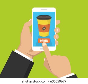 Hand holding smartphone with disposable coffee cup on the screen. Order food and drink concept. Flat vector illustration.