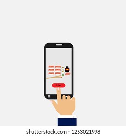 Hand holding smartphone with disposable sushi cup on the screen. Order food and drink concept. Flat vector illustration.