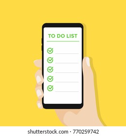 Hand holding smartphone with to do list on the display. vector