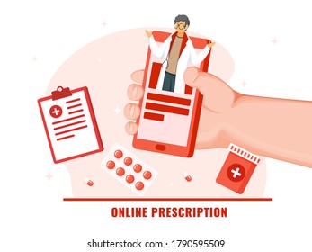 Hand Holding Smartphone With Doctor Man, Clipboard And Medicines On White And Pink Background For Online Prescription.