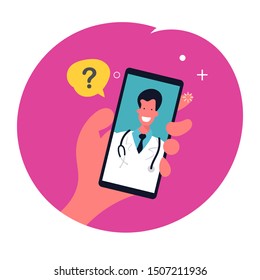 hand holding smartphone with doctor on the screen. Medical internet consultation. Hospital support online. Mobile doctor, call