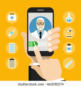 Hand holding smartphone with doctor on call and an online consultation. Medical icons set. Vector flat illustration.