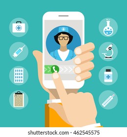 Hand holding smartphone with doctor on call and an online consultation. Medical icons set. Vector flat illustration.