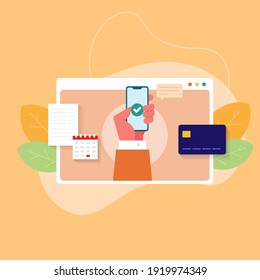 Hand holding smartphone doing online payment with colourful pastel background