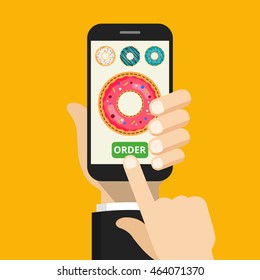 Hand holding smartphone with donut on the screen. Order fast food concept. Flat vector illustration.