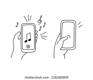 Hand holding smartphone doodle icon. Hand-drawn sketch electronic gadget with  touchscreen, for calls and sms.Device for communication and Internet. Isolated. Vector illustration