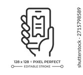 Hand holding smartphone with e ticket pixel perfect line icon. Payment fares. Digital service for passengers. Isolated vector illustration. Outline symbol. Simple linear drawing. Editable stroke