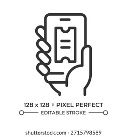 Hand holding smartphone with e ticket pixel perfect line icon. Payment fares. Digital service for passengers. Isolated vector illustration. Outline symbol. Simple linear drawing. Editable stroke