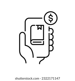Hand holding a smartphone with ebook app. Digital library subscription. Pay as you go membership. Pixel perfect icon