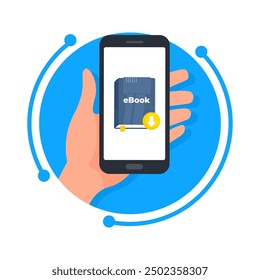 La mano sostiene un teléfono inteligente con un libro electrónico que se muestra en la pantalla, descargándolo para lectura digital