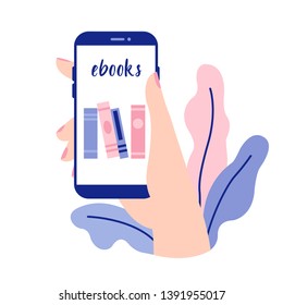Hand holding smartphone with ebook library application. Online library, education. Flat vector illustration.