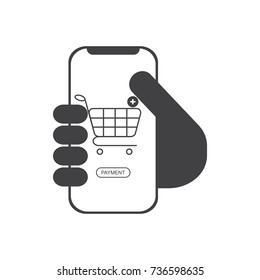Hand holding smart-phone. E-commerce flat design concept. Mobile shopping button, isolated on white background