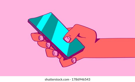 Mano sosteniendo la burla editable para smartphone, ilustración de concepto vectorial. Colocar texto en la ilustración. Teléfono de red social. Medios sociales