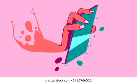 Hand holding smartphone editable mockup, vector concept illustration. Place text into the illustration. Social network phone. Social media