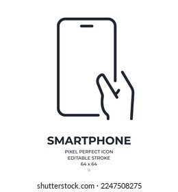 Hand holding smartphone editable stroke outline icon isolated on white background flat vector illustration. Pixel perfect. 64 x 64.