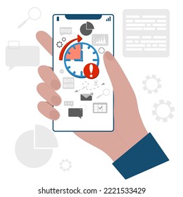 Hand holding smartphone with efficiency work time. Concept of work time management. Time management planning, organization and control for effiecient succesful and profitable business.