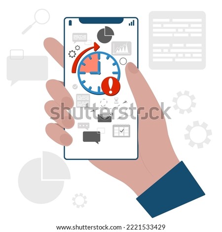 Hand holding smartphone with efficiency work time. Concept of work time management. Time management planning, organization and control for effiecient succesful and profitable business.