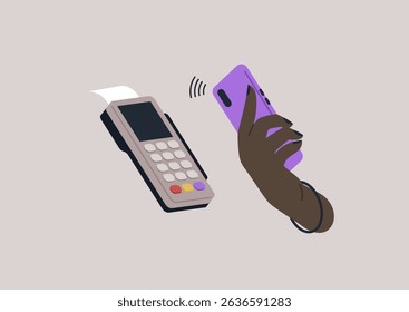 A hand holding a smartphone effortlessly connects with a mobile payment terminal, streamlining transactions in bustling retail settings, showcasing modern payment solutions