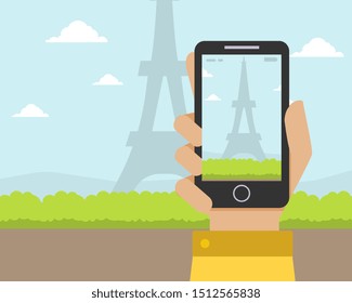 Hand Holding Smartphone with Eiffel Tower on the Screen Vector Illustration